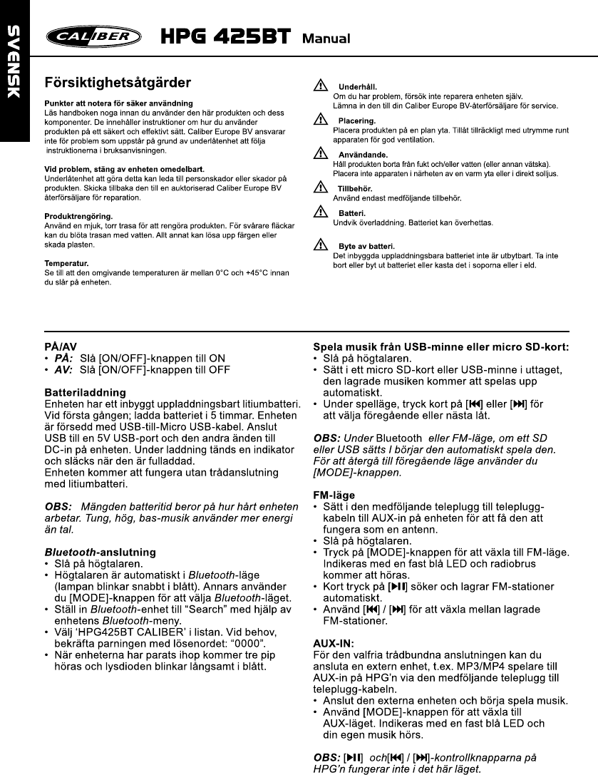 Manual Caliber Hpg425bt Page 10 Of 16 English German Dutch French Italian Polish Portuguese Swedish Spanish