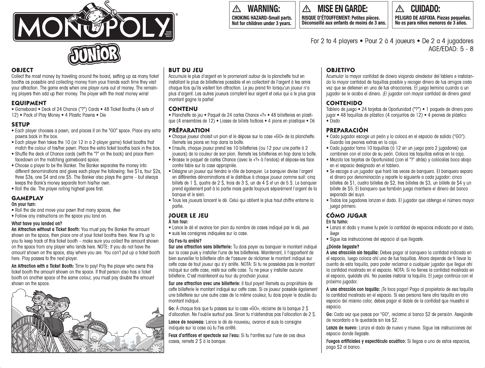 Tom Audreath Ondergeschikt Gemakkelijk Manual Hasbro MONOPOLY Junior (page 1 of 2) (English, French, Spanish)